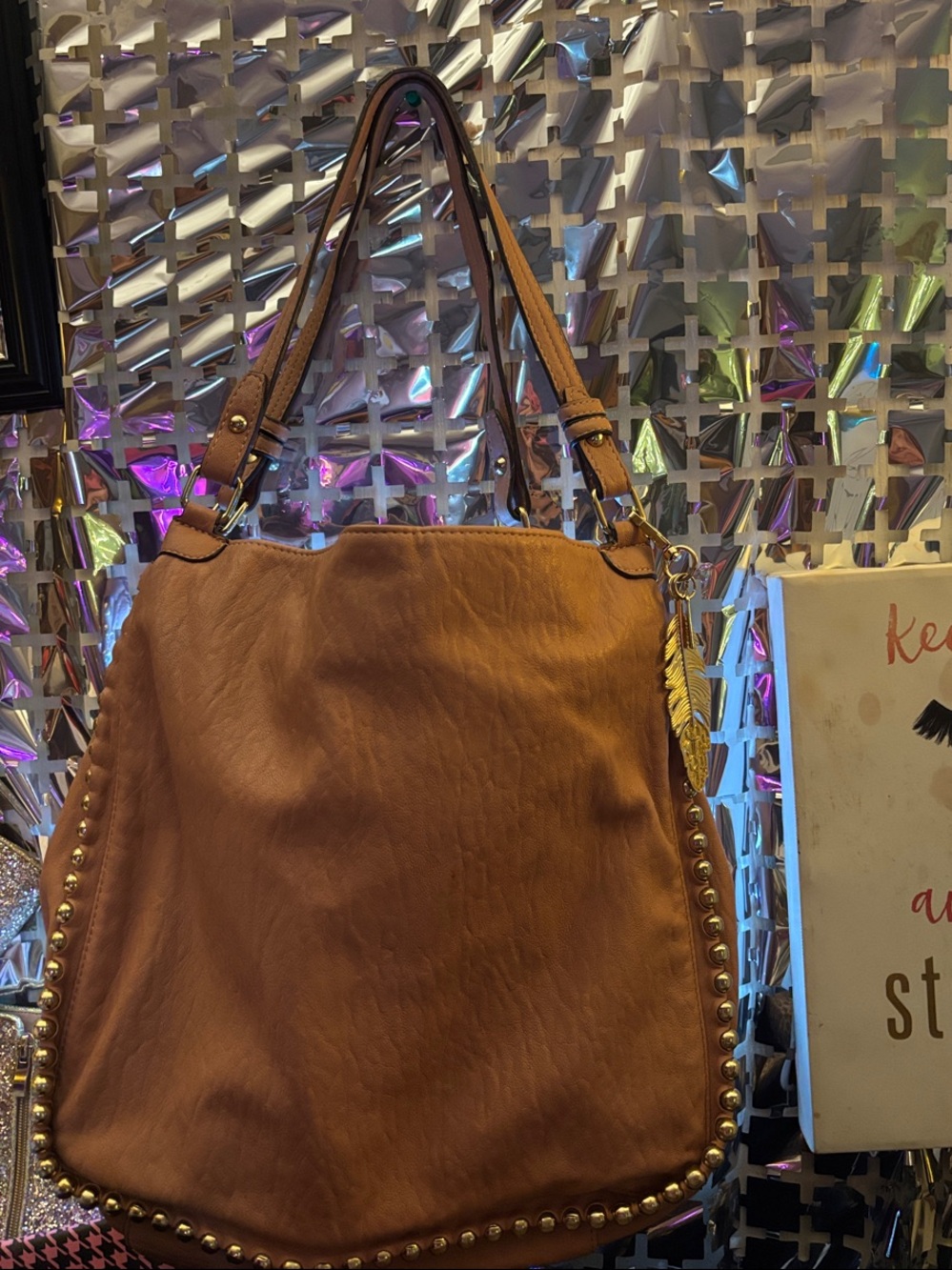 Jessica Simpson Brown Stud-Trim Shoulder Hobo Bag